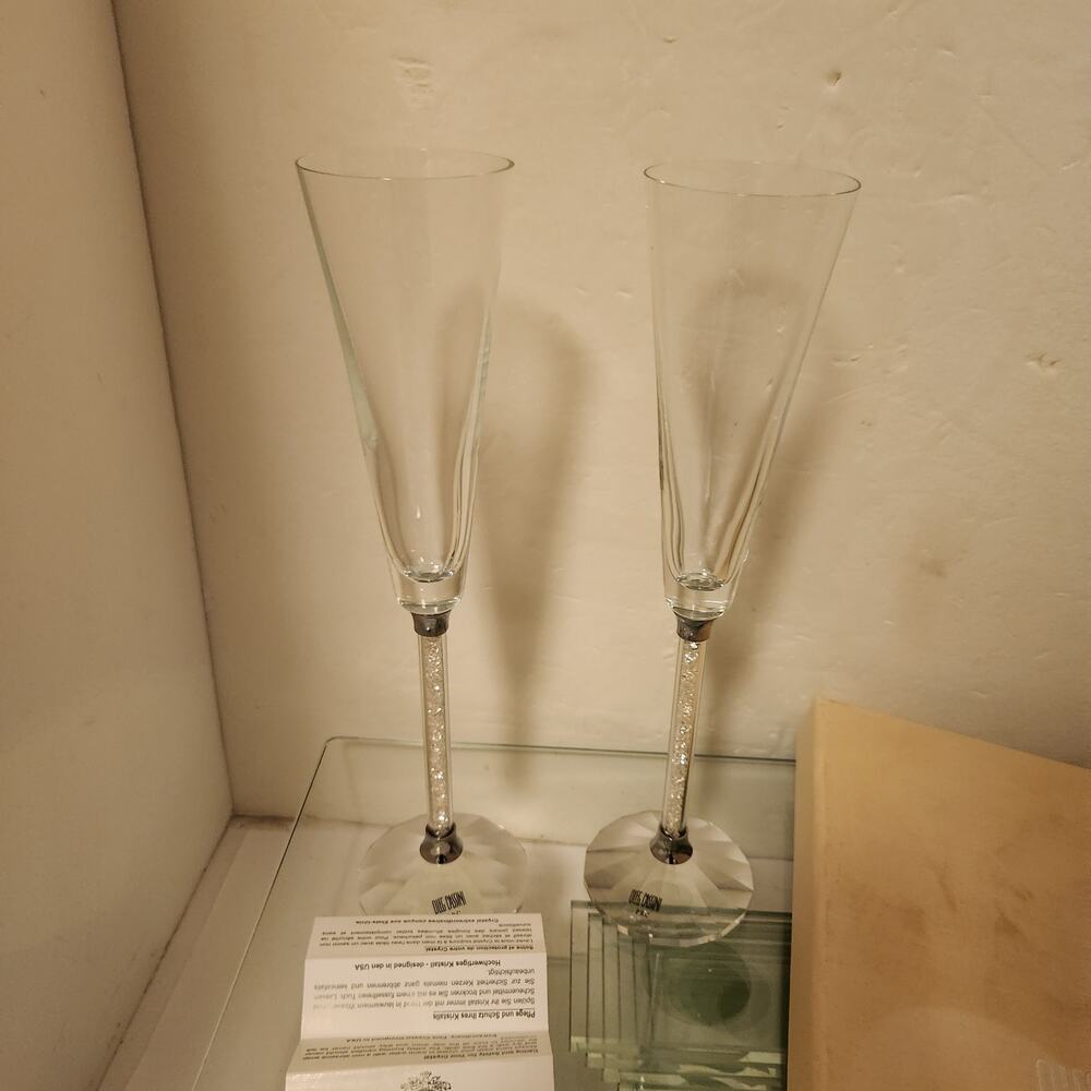 Vintage Oleg Cassini Pair Crystal Diamond Toasting Flutes, New in Box